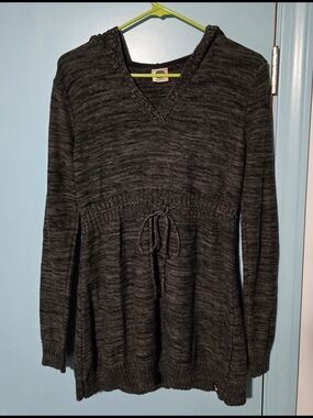 Roxy Charcoal Black Heather V-Neck Drawstring Tunic Sweater